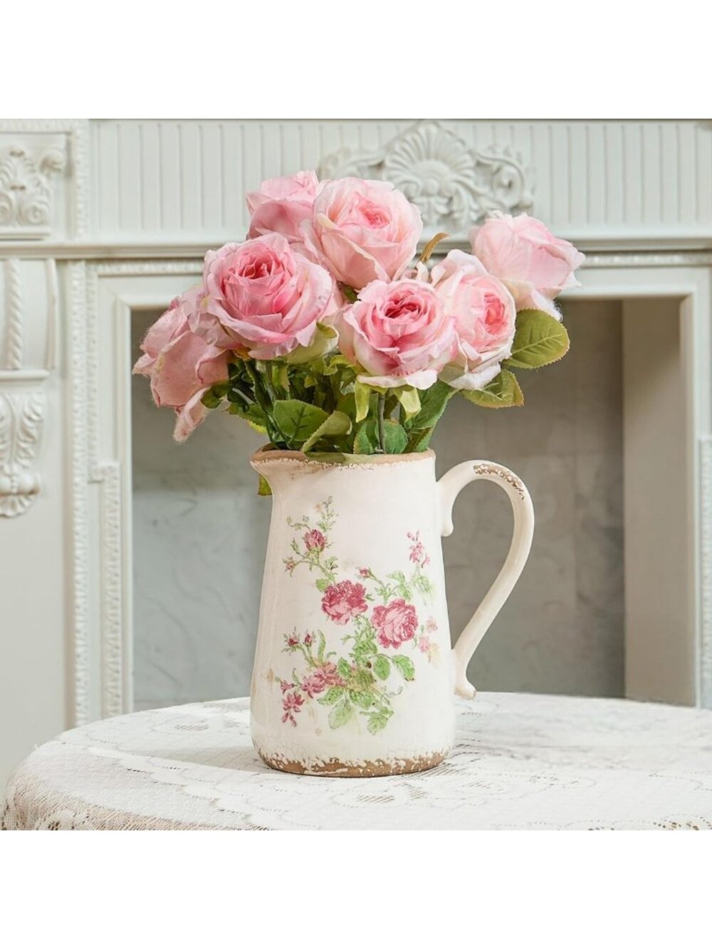 Large Rustic Ceramic Vase with Handle - Distressed Farmhouse Pitcher for Home